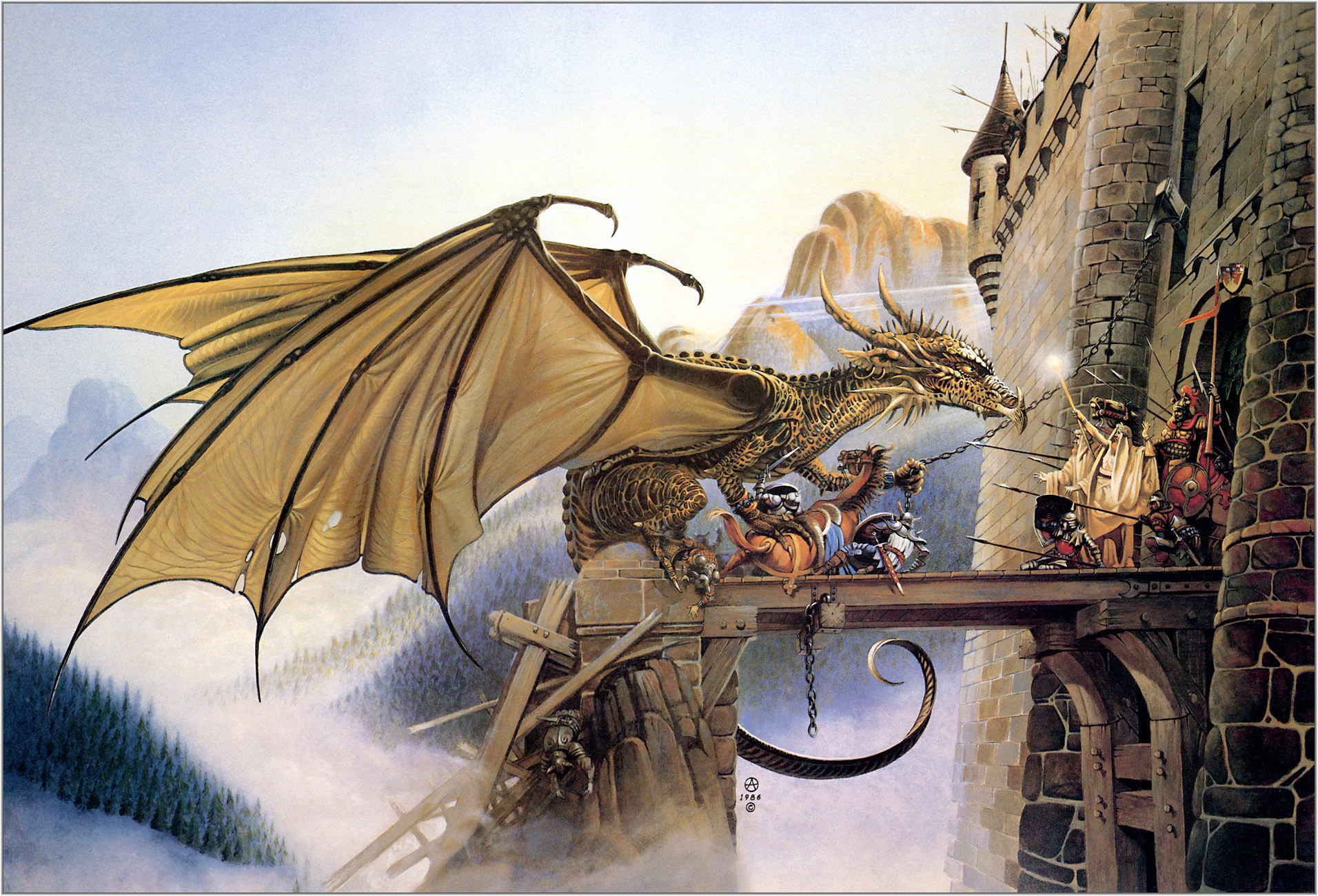 chris achilleos dragonspell fantaisie montagnes forteresse défense dragon guerre