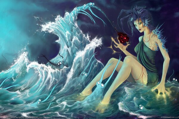 Art dessin nymphes parmi les vagues