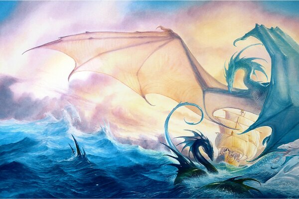 Deux Dragons sur la mer dans le style fentasi