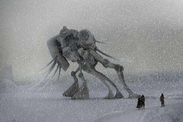 Foto enorme robot in nevicata