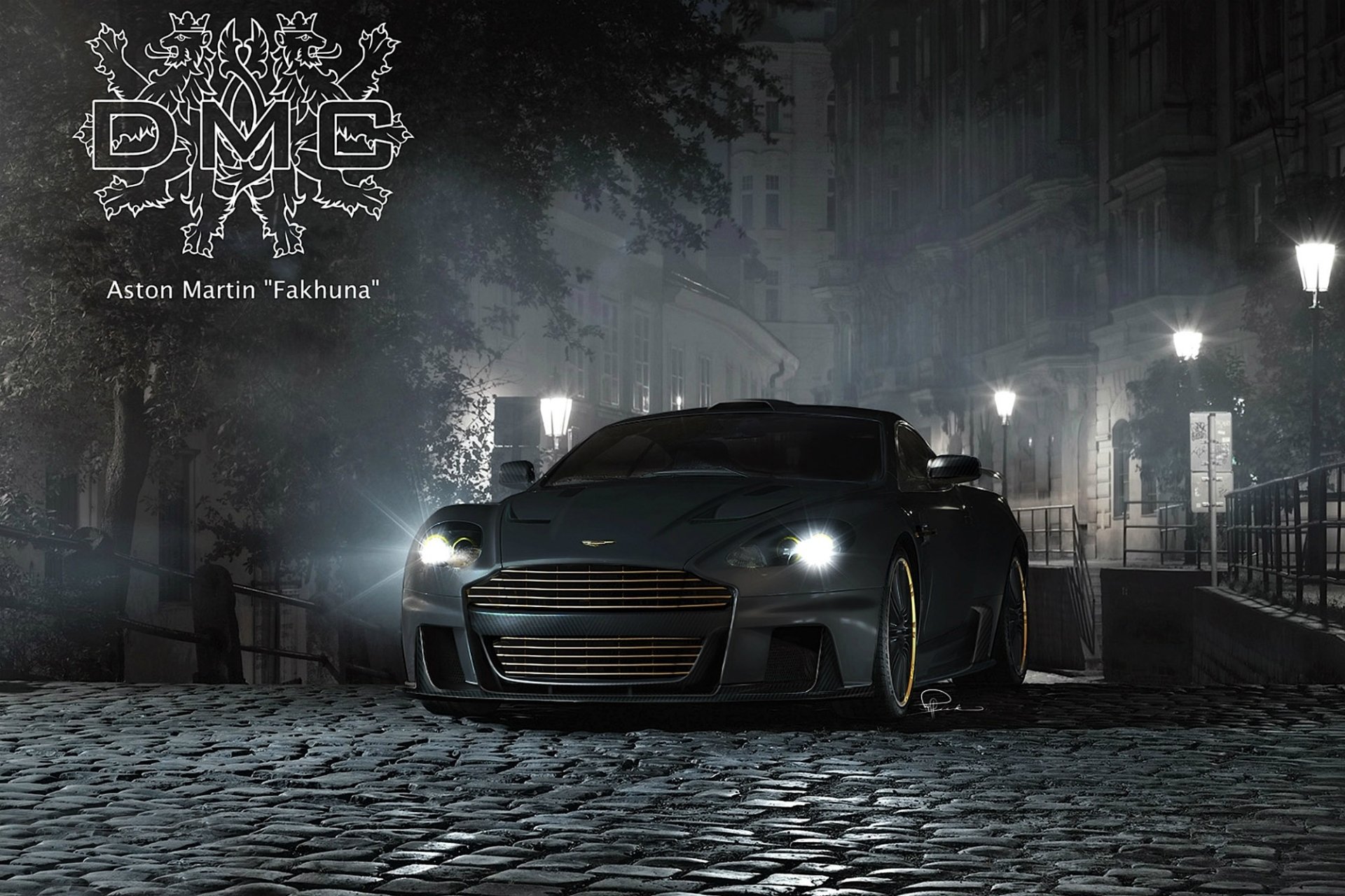 dmc aston martin dbs fakhuna aston martin lbs superdeportivo frente tuning noche calle linterna adoquines escudo de armas letras