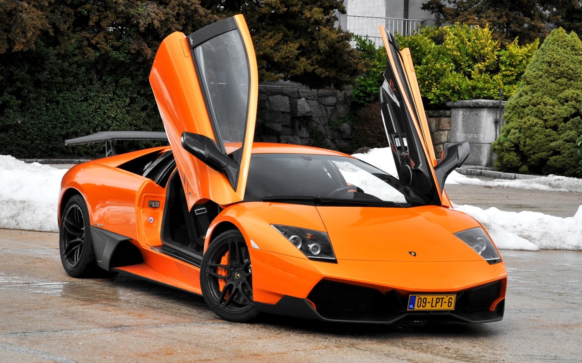 lamborghini murcielago lp670-4 rv lamborghini marseille supercar orange türen front büsche hintergrund