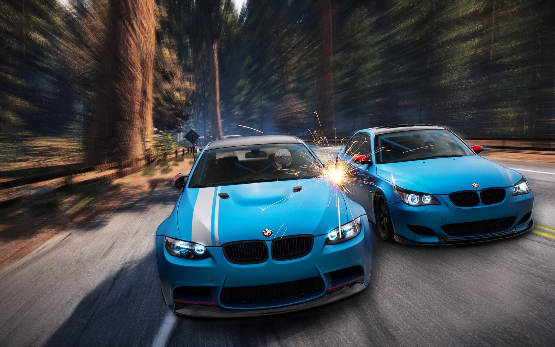 bmw m3 e92 m5 e60 bleu avant aksenov nikita andreevich forêt étincelles