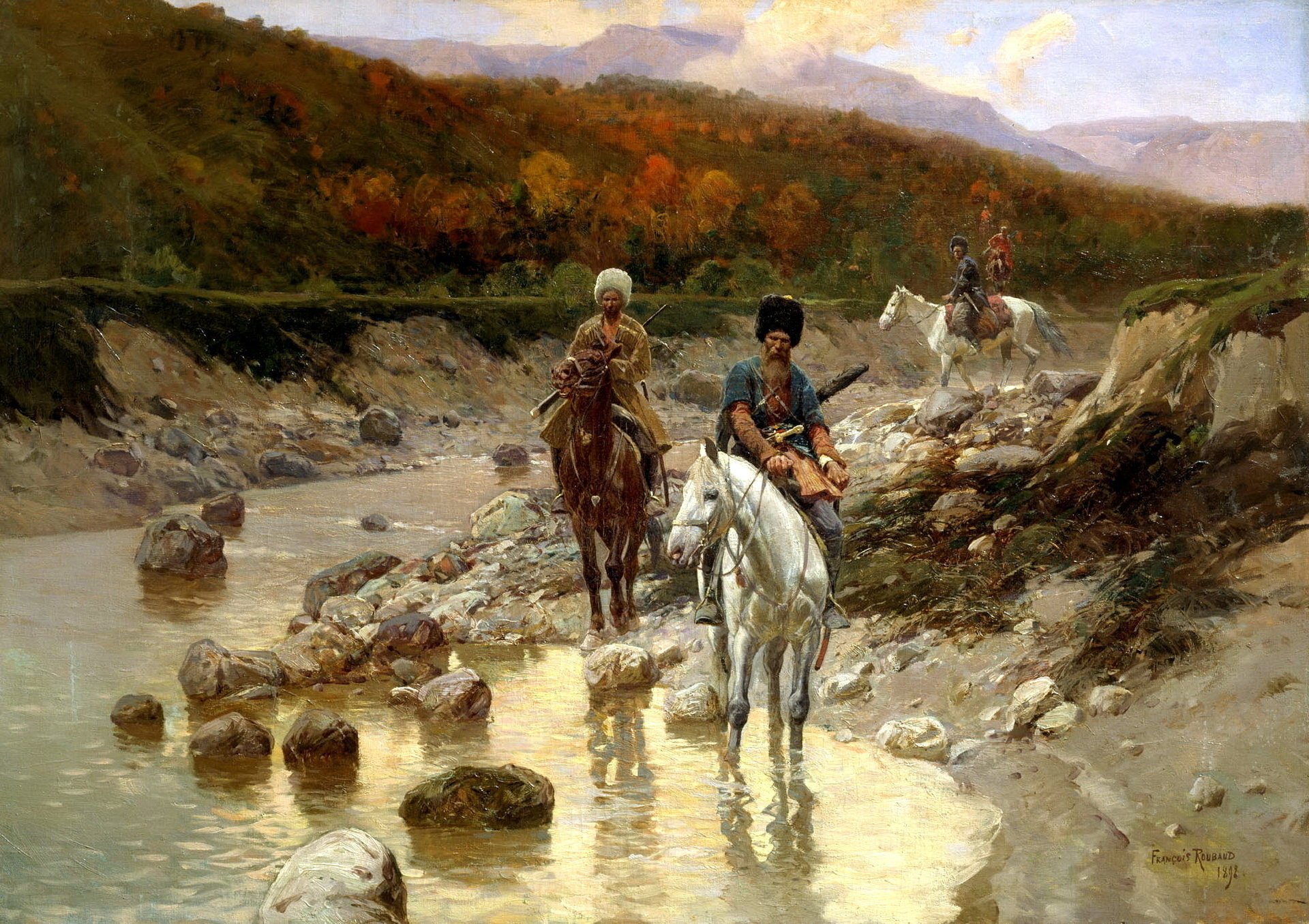 cosacos en un río de montaña pintura rubo franz pintura