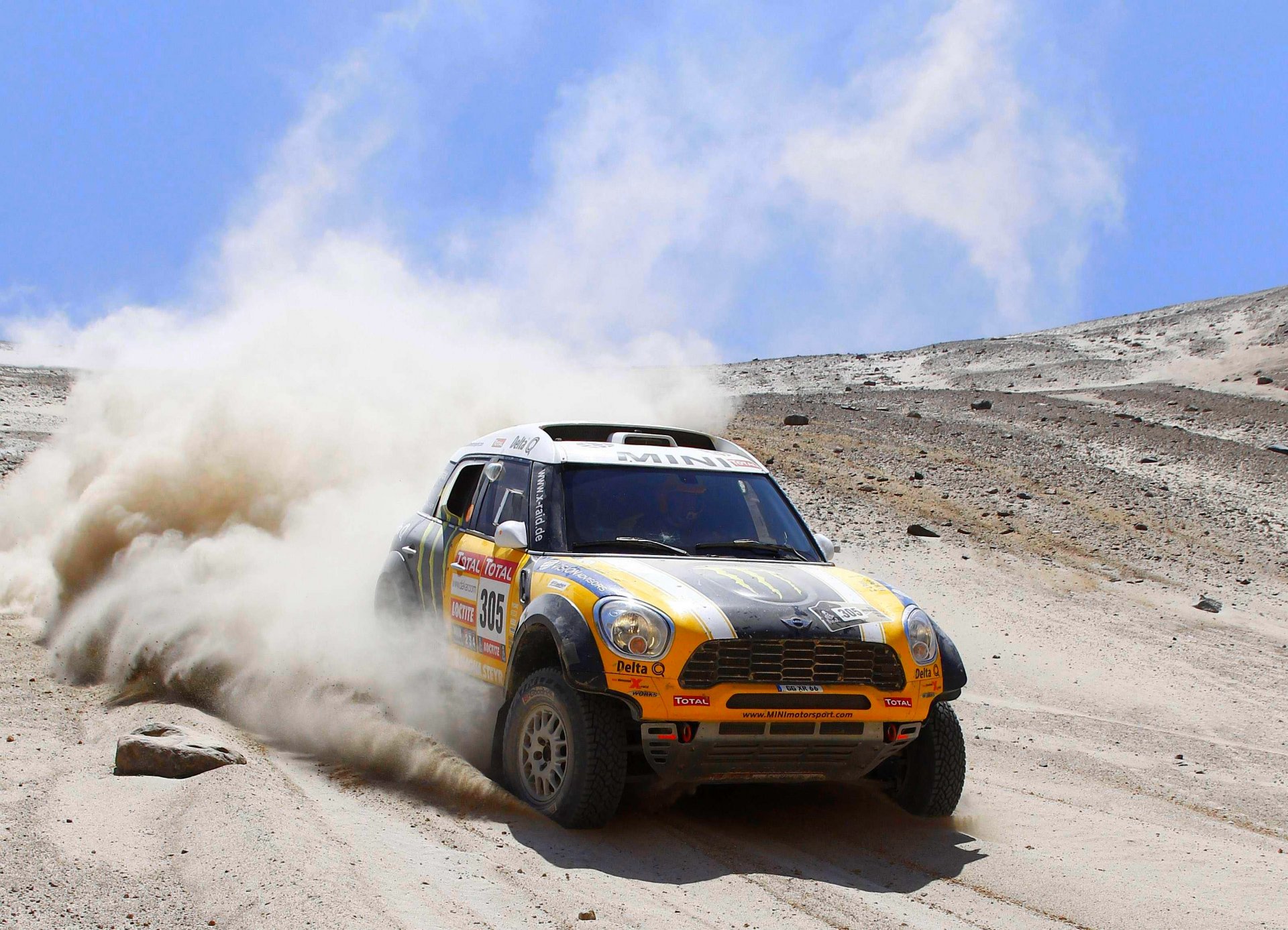 mini cooper mini mini cooper dakar rajd x-raid żółty pył przód piasek upał dzień