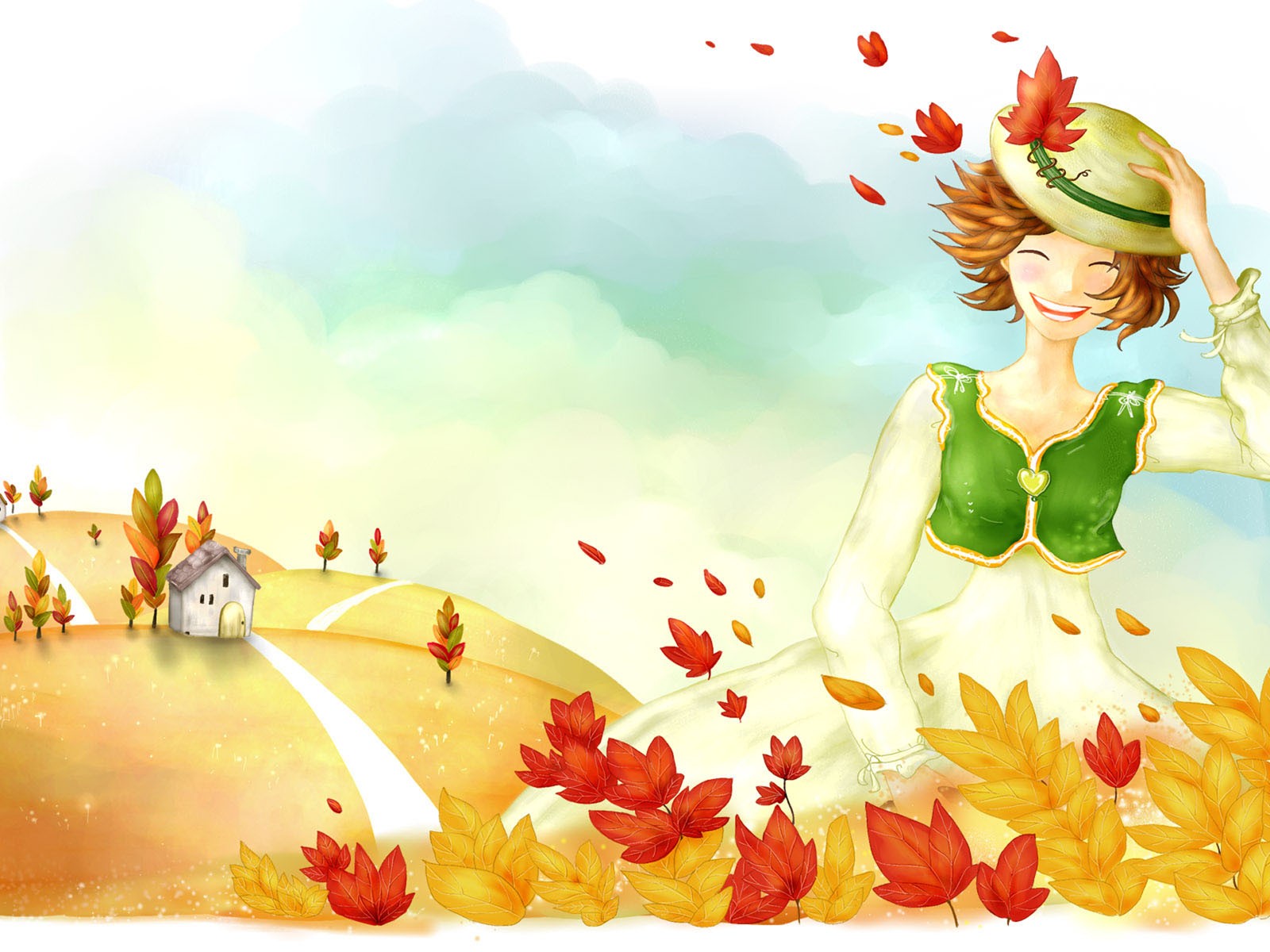 picture girl autumn wind leaves track house hat mood