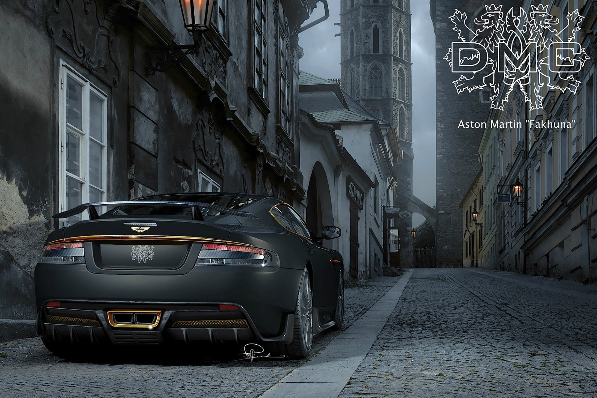 dmc aston martin dbs fakhuna aston martin lbs superdeportivo vista trasera tuning calle adoquines escudo de armas letras