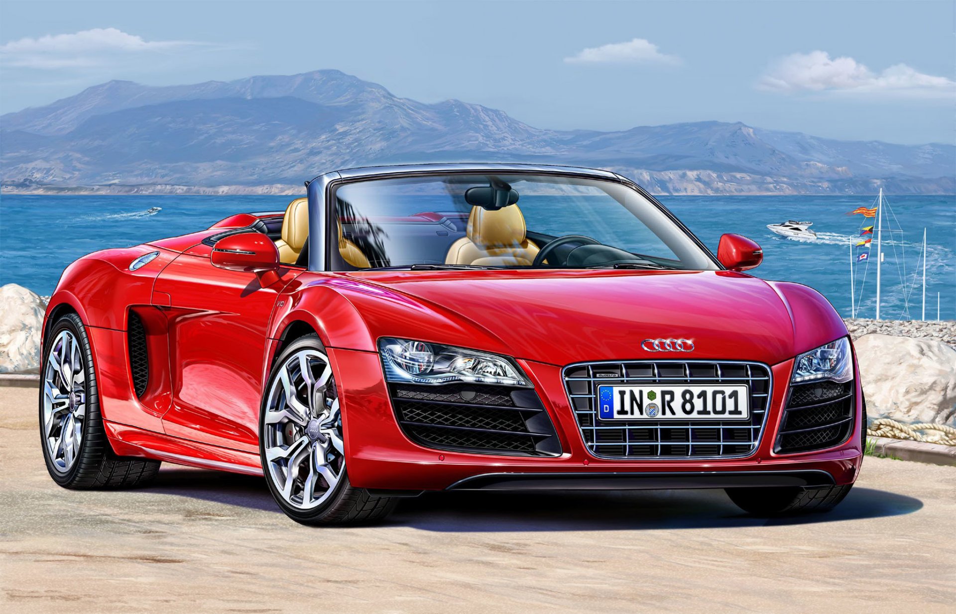 arte coche rojo deportivo superdeportivo tracción a las cuatro ruedas alemán fabricante de automóviles audi r8 spyder básico equipamiento completo equipado motor v8 volumen 2 litros potencia igual caballos de fuerza acelerar hasta 100 km-h en 6 segundos modelo