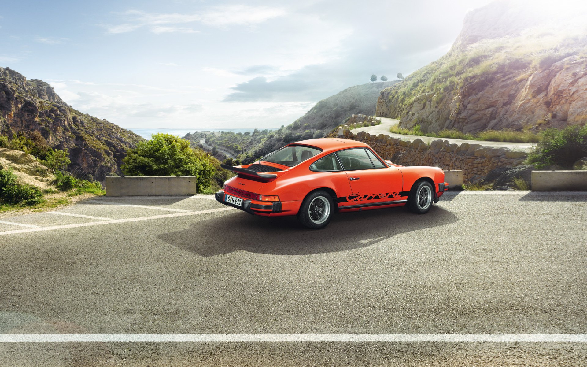 porsche 911 carrera 3.2 coupe 1984 porsche carrera rear view road mountains sky