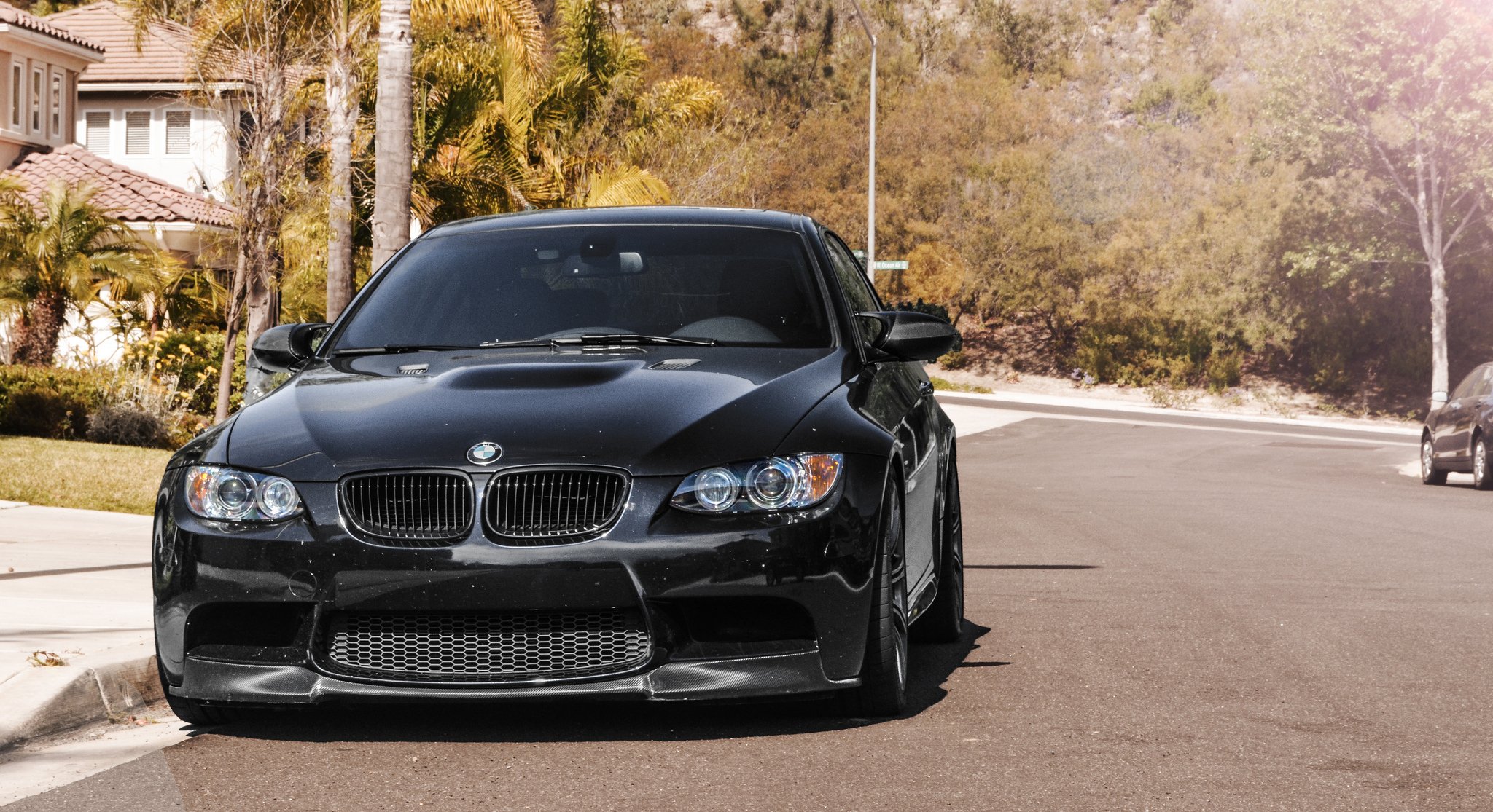 bmw m3 e92 nero bmw anteriore strada strada alberi