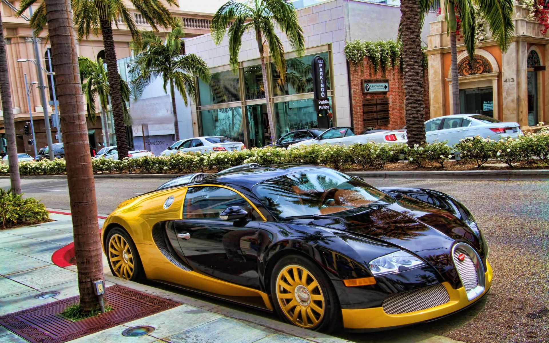 black bugatti supercar veyron eb street yellow