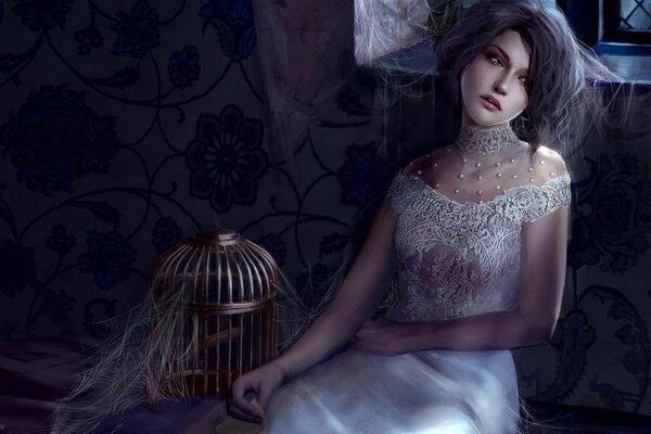 A languid girl is sitting next to a cage in a spider web