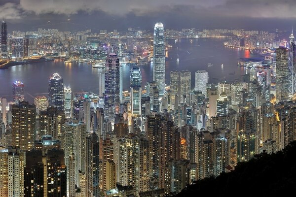 Hong Kong skyscrapers in night lighting