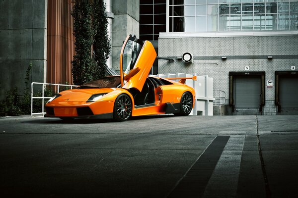 Оранжевый красавец автомобиль lamborghini murcielago с откидной дверью