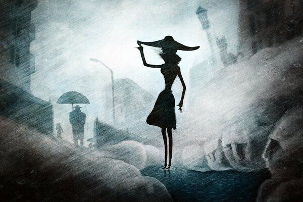 Mysterious silhouette of a girl in a hat in the rain