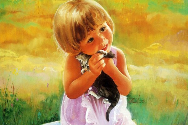 A picture of a cute girl with a small kitten