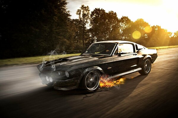 Car graphics with sparks and fire