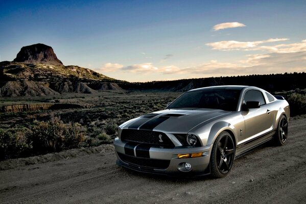 A chic mustang under the blue sky of deserted roads