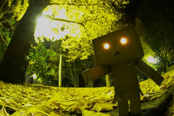 Danbo con una scatola in testa e occhi luminosi nella foresta