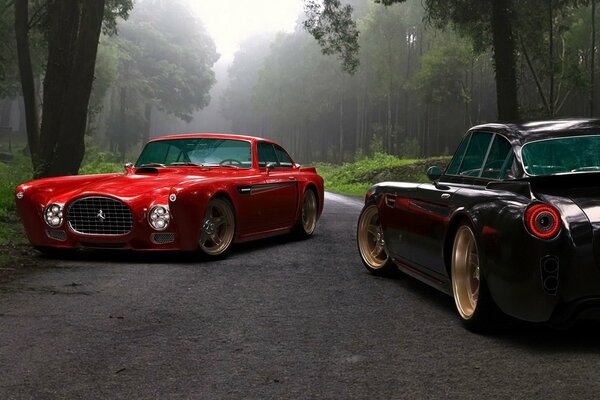 Two Ferrari f-340 gullwing america on a forest road