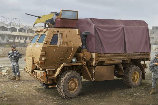 Voiture sur le fond d un bâtiment détruit par des soldats militaires