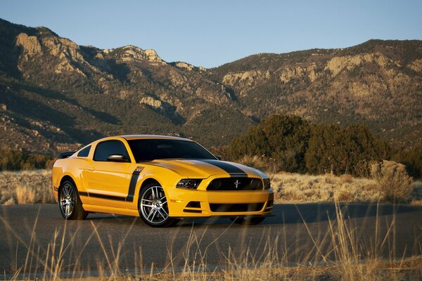 Auto Ford Mustang auf dem Hintergrund der Berge