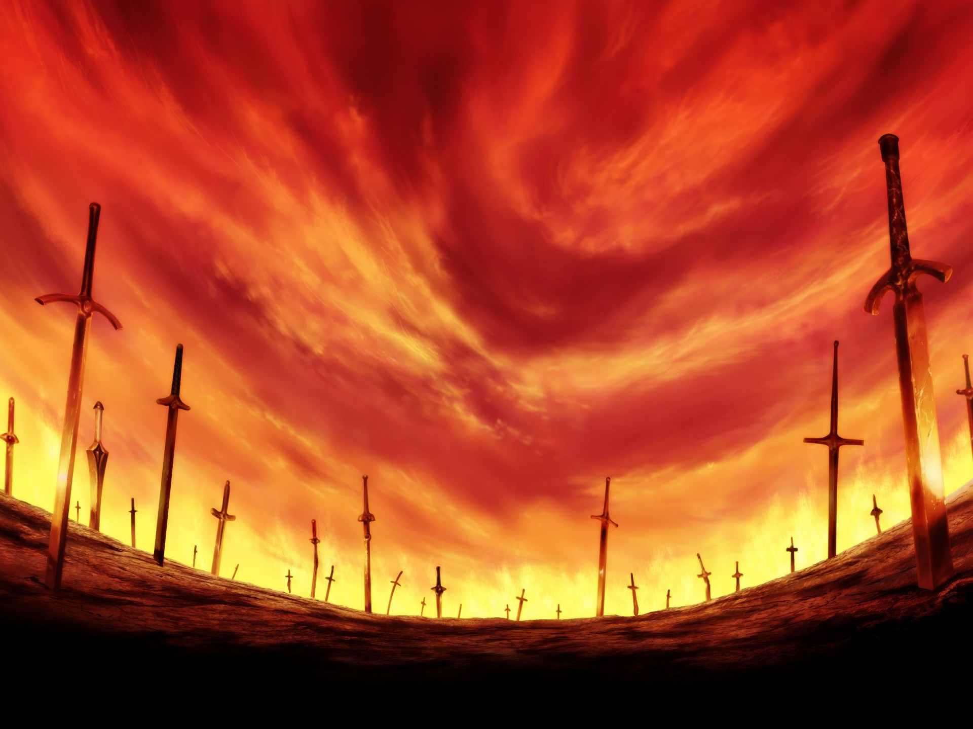 the field swords glow bloody sky