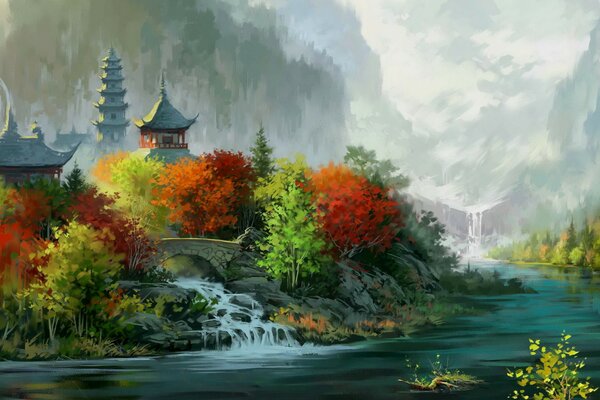 Paysage d automne dessiné à la main de la Chine