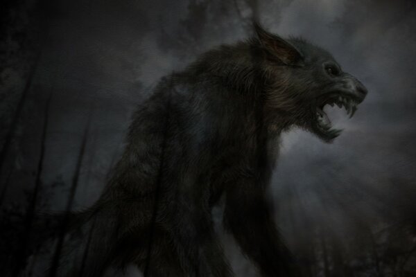 Schwarzer Werwolf in grauem Nebel