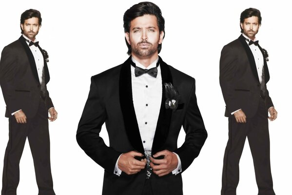 A man in a tuxedo on a white background in triplicate