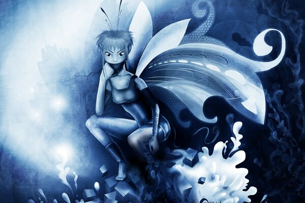 A magical fairy with wings in blue shades