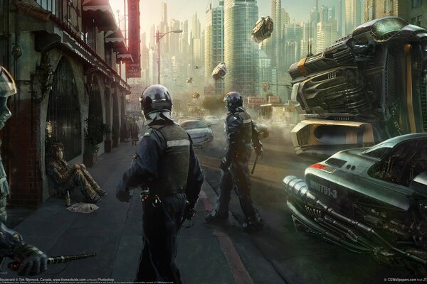 Police dans la rue de la ville du futur