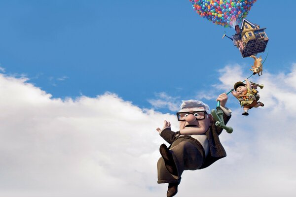 A funny fragment from a children s cartoon. An old man and a boy soared into the sky on a bunch of balloons