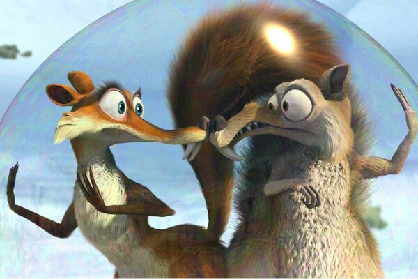 Two squirrels in a bubble from the cartoon Ice Age