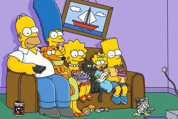 The Simpsons are sitting on the couch with the whole family