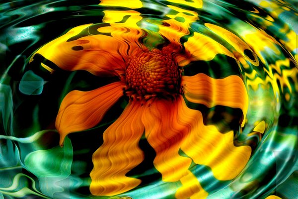 The yellow flower is reflected in the green water. Nature