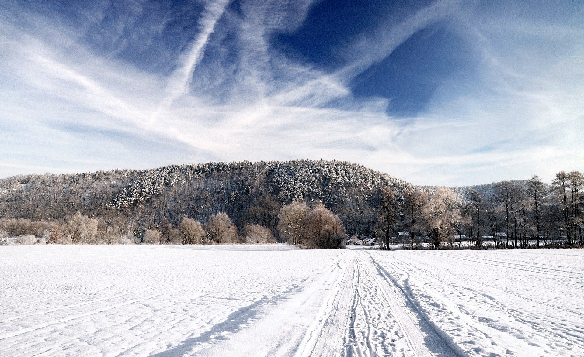 naturaleza paisaje invierno nieve campo carretera horizonte bosque casa cielo imagen papel pintado fondo