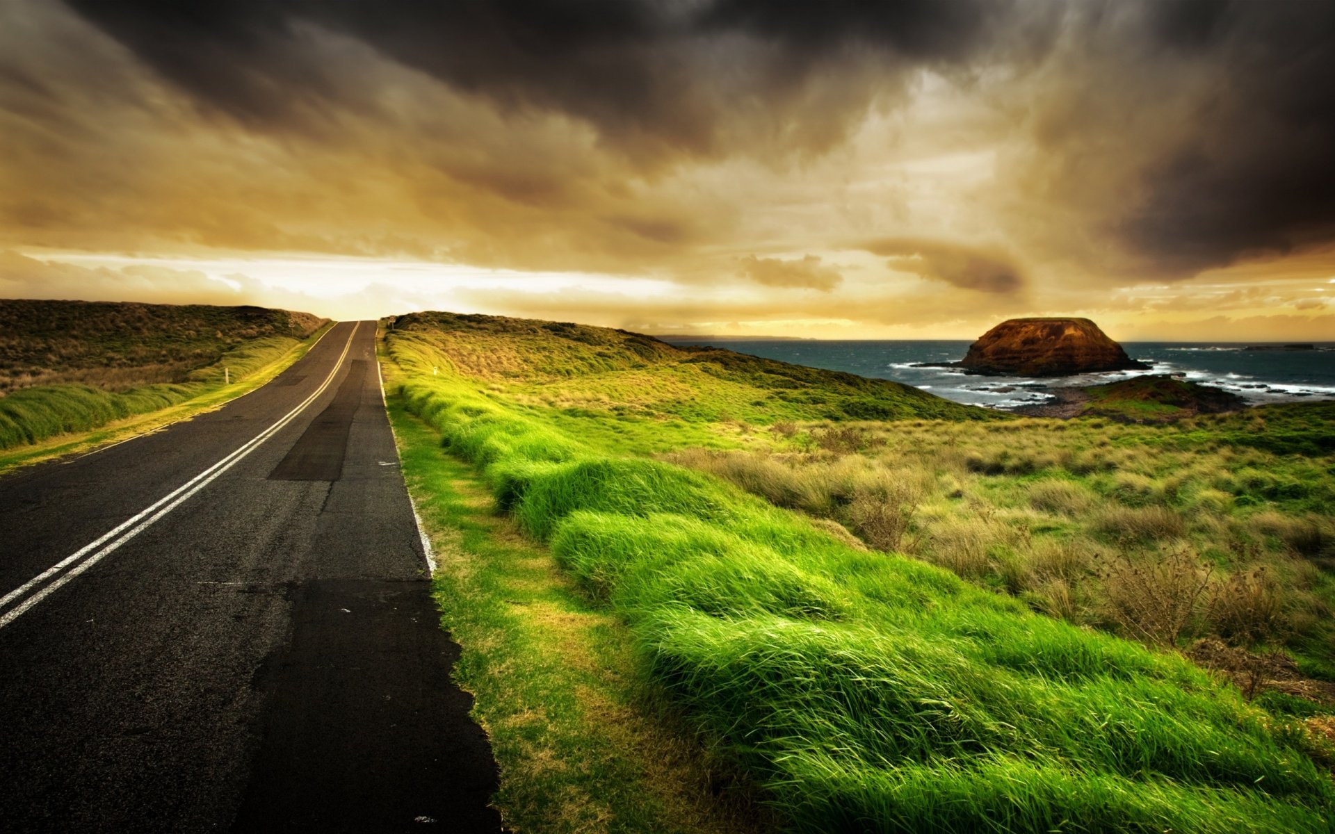 landscapes sea ocean water road roads grass stone stones rock rock