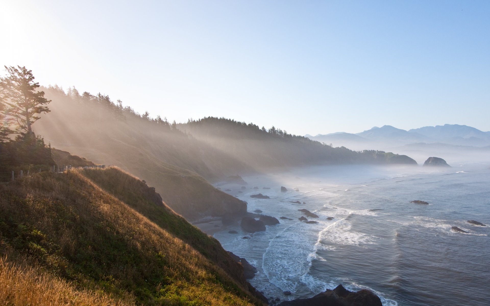 landscapes beautiful fogs haze with nature nature sky morning sunrises mountains sun light ray rays tree trees plants plant grass water sea ocean waves foam coast coast stone stones rock rocks view oregon oregon