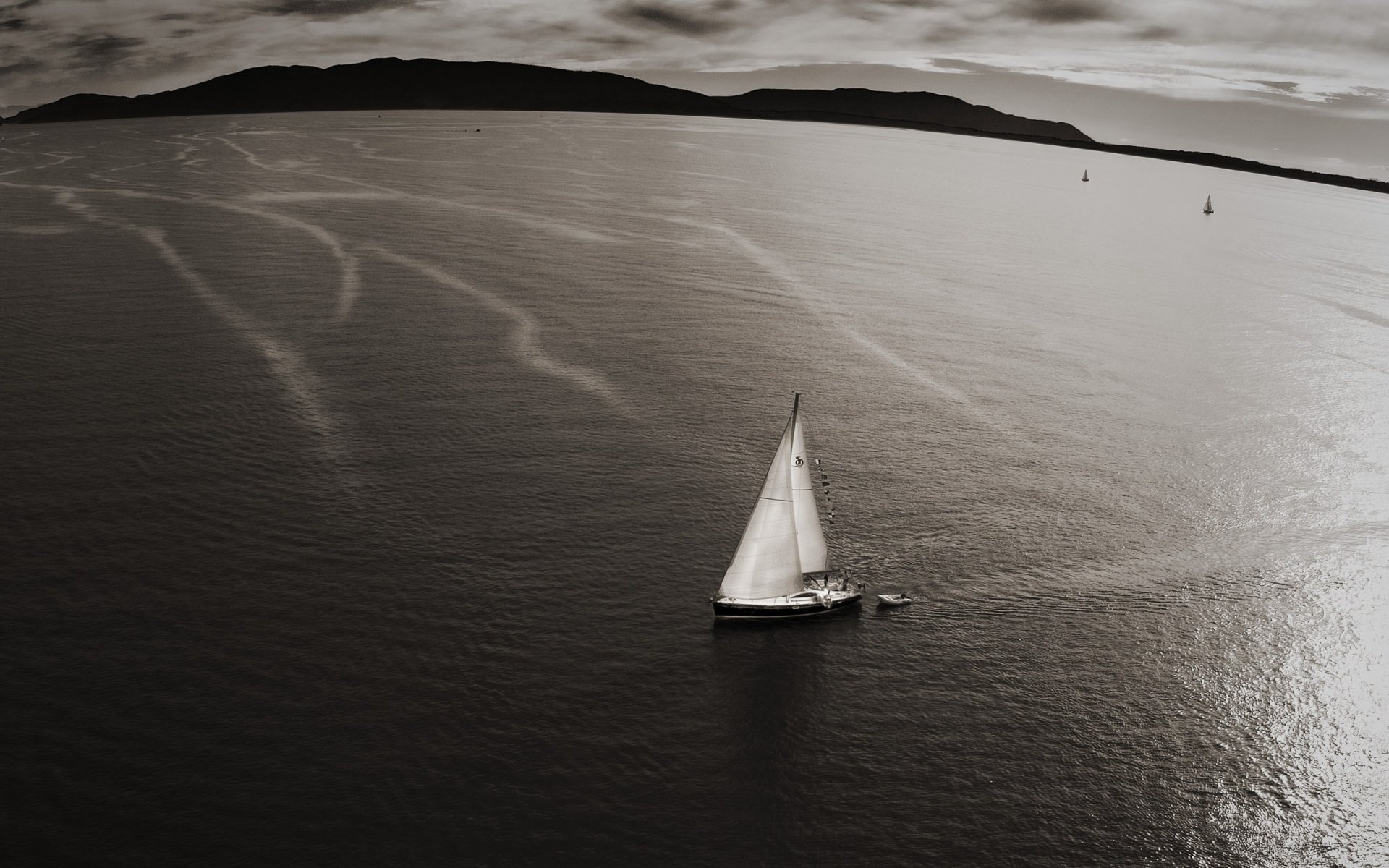 yacht yachts sail water sea surface mountains distance horizon view from a height color landscape