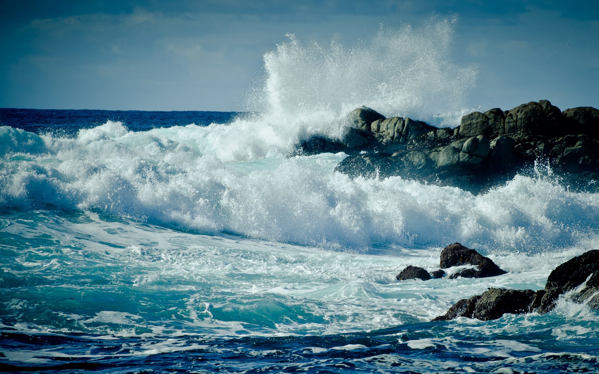 landscapes sea ocean water waves wave rock rocks foam spray shore drop drops storm usa california monterey