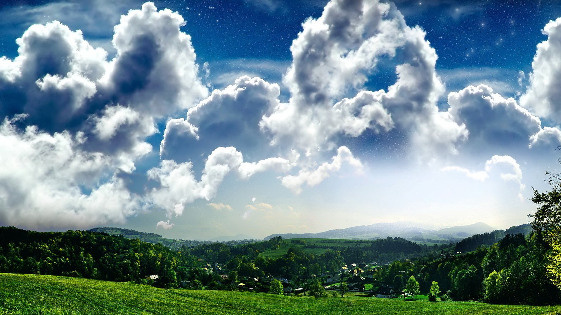 champ ciel herbe hameau nuages arbres