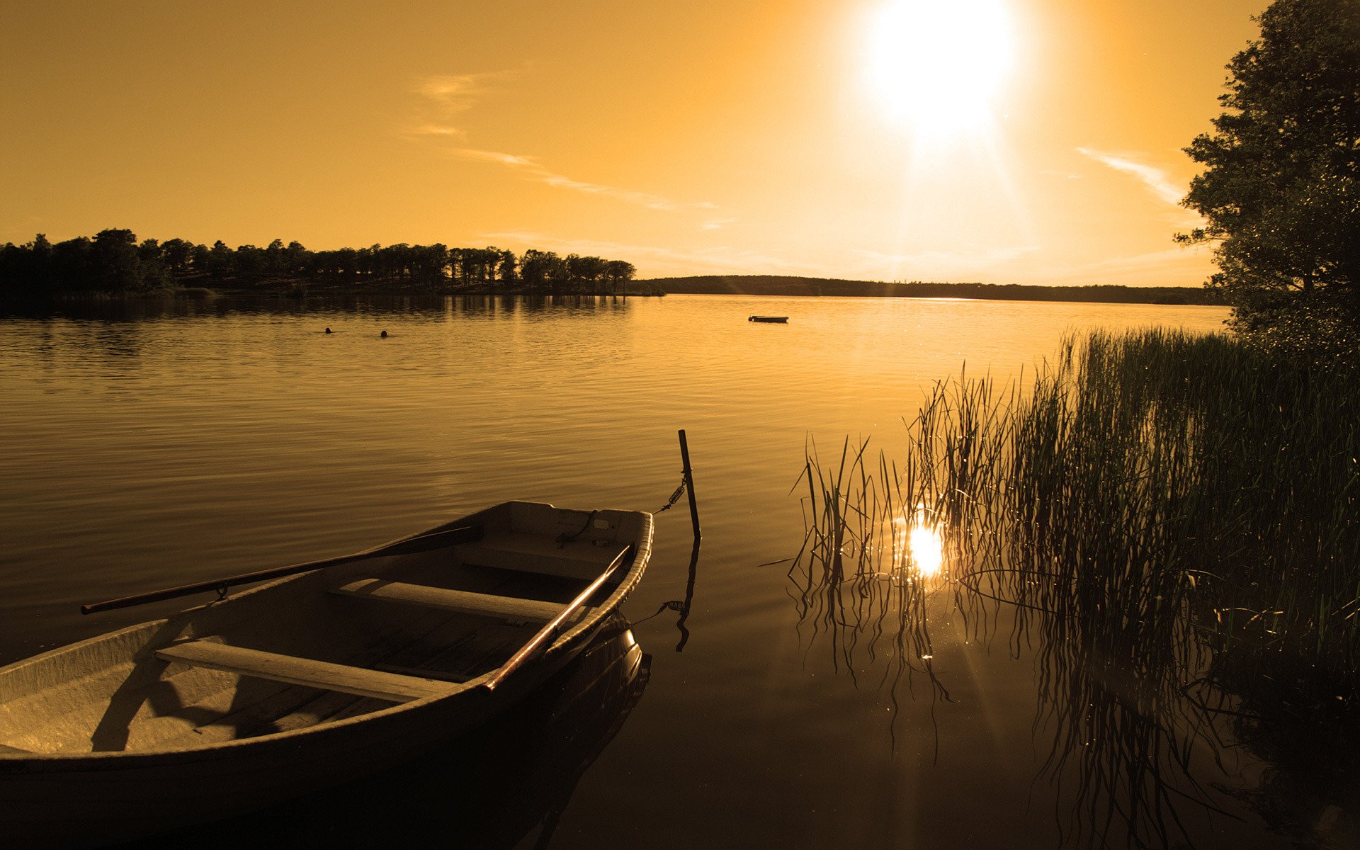 puesta de sol lago barco naturaleza