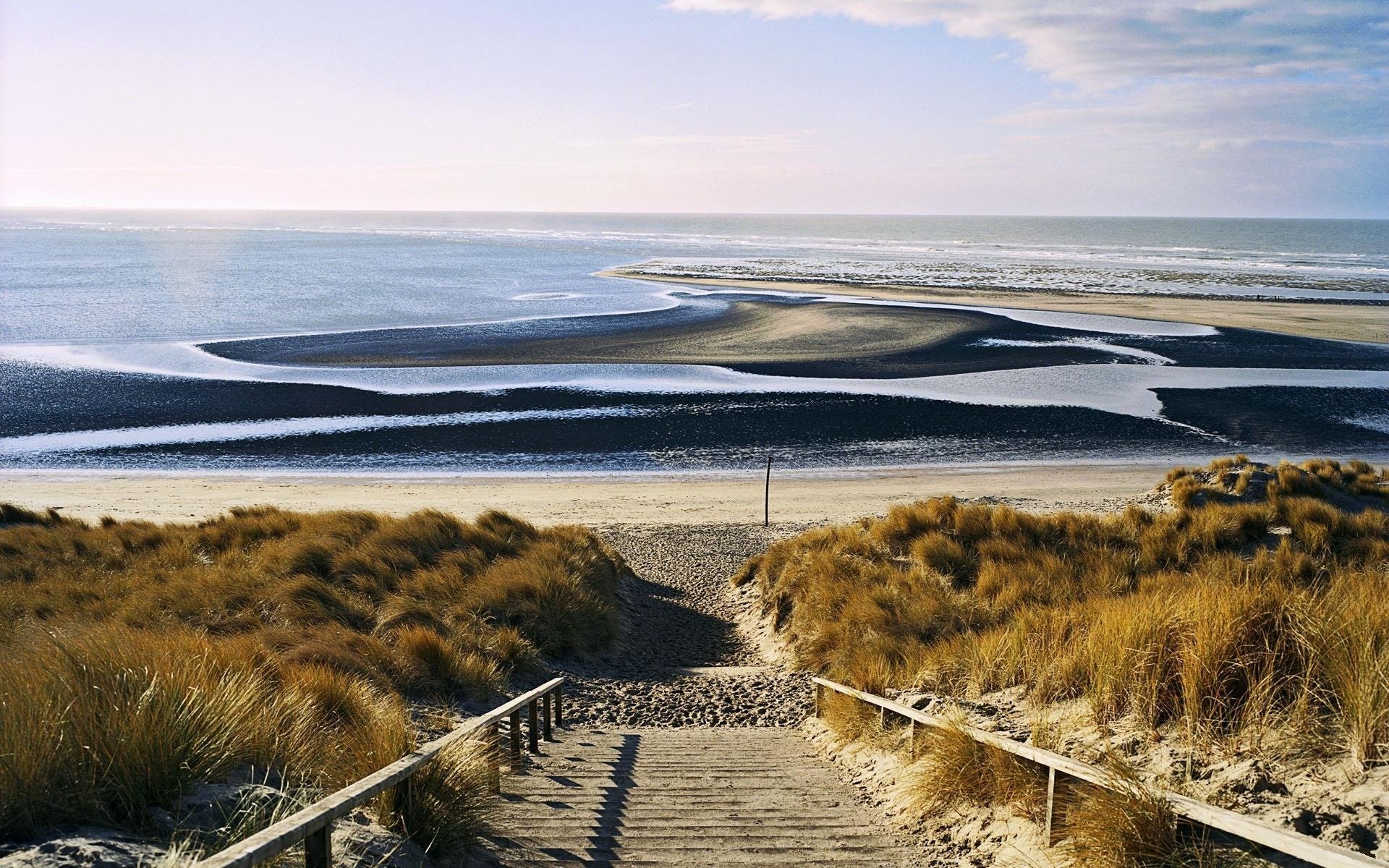 landscape beach sea waves horizon sand stairs nature