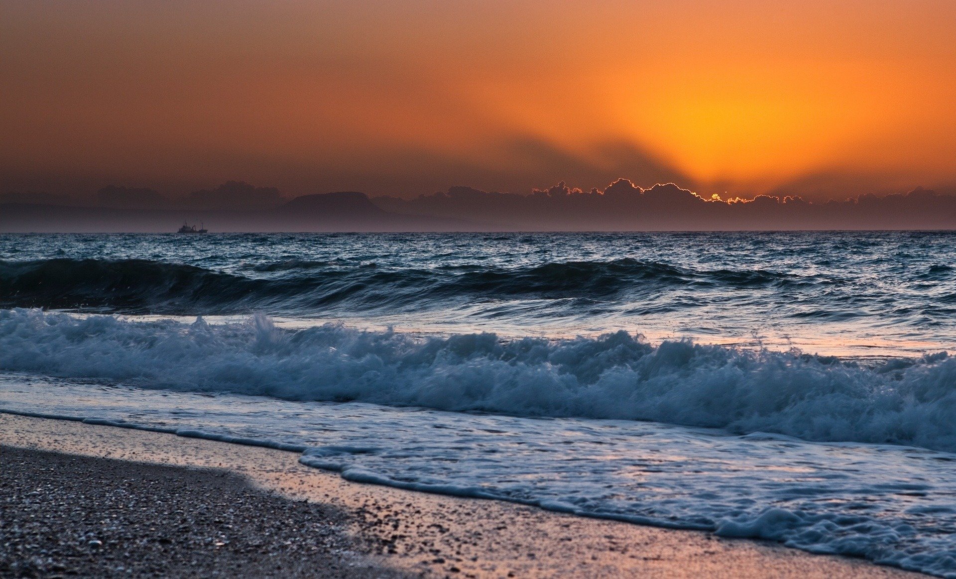 landscape nature beach waves sea sky sun sunset