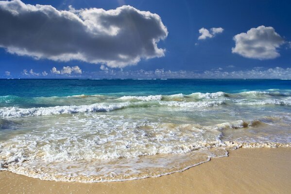 La splendeur profonde de l océan Azur, l eau moussée par les vagues et l horizon nuageux