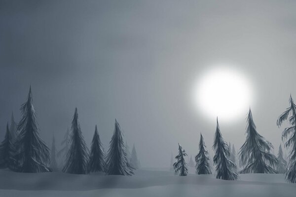 The moon over the fir trees in the fog in the snow