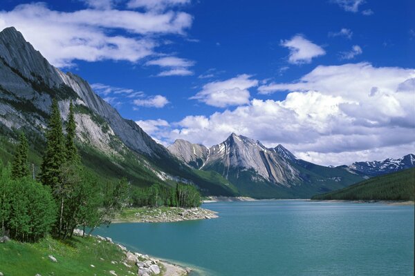 Die Landschaft des Sees ist von Bergen und Bäumen umgeben