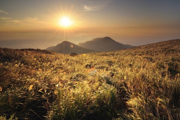 Puesta de sol en medio de montañas y hierba verde