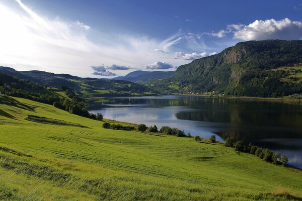 Paysage de lac dans les collines verdoyantes près du champ, nuages d été